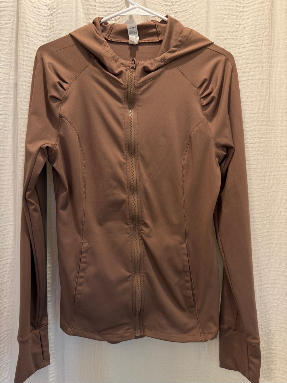 Yogalicious Lux Ruched Shoulder-Brown Hooded Full Zip Active Jacket